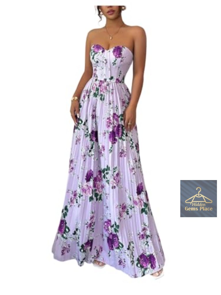 Women's Floral Jacquard Tube Dress Sleeveless Pleated A-Line Maxi